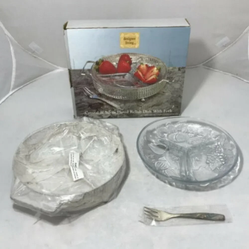 Designer Living Crystal Silver Plated Relish glass Dish party holiday New